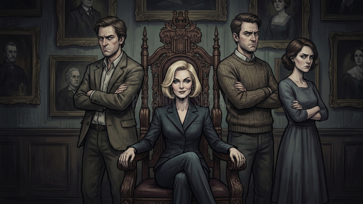 a family portrait of a 45-year-old blonde woman, wearing a power suit, sitting on an ornate throne with a smug facial expression, surrounded by her three adult siblings standing and looking extremely annoyed and frustrated.