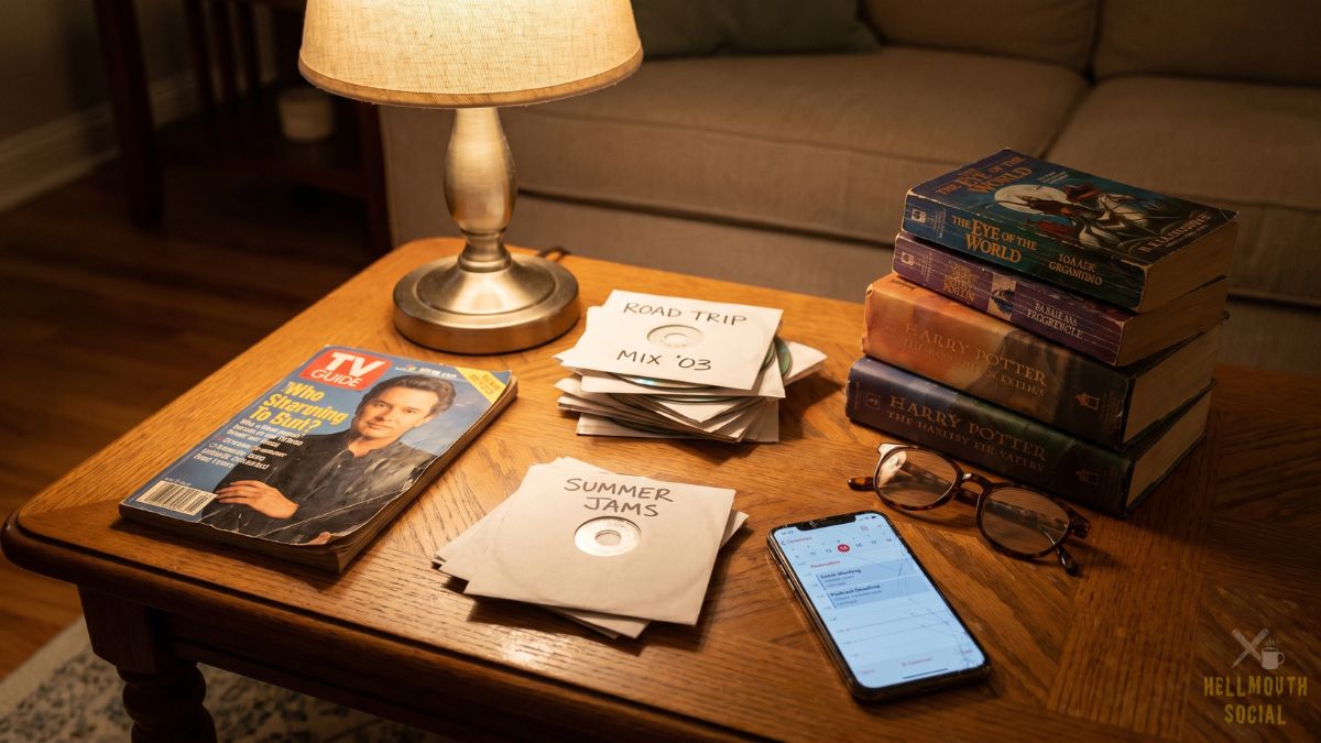 a cluttered Xennial coffee table displaying a worn TV Guide, burned CD-Rs in handwritten sleeves, a stack of fantasy paperbacks, reading glasses, and a modern smartphone showing calendar reminders. Warm lamplight creates the feeling of two decades colliding in a single moment. Indie magazine photography, cultural essay aesthetic.