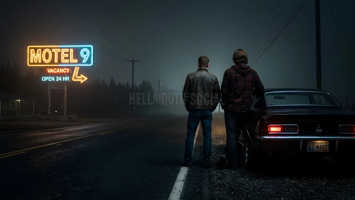 Two hunters in flannel seen from behind, leaning on a black 1967 muscle car under a neon motel sign at night.
