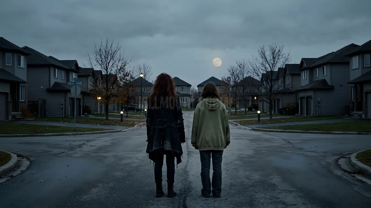 Two teenage sisters seen from behind in an empty suburban cul-de-sac at dusk, a full moon rising over identical grey houses — the Fitzgerald sisters of Ginger Snaps.