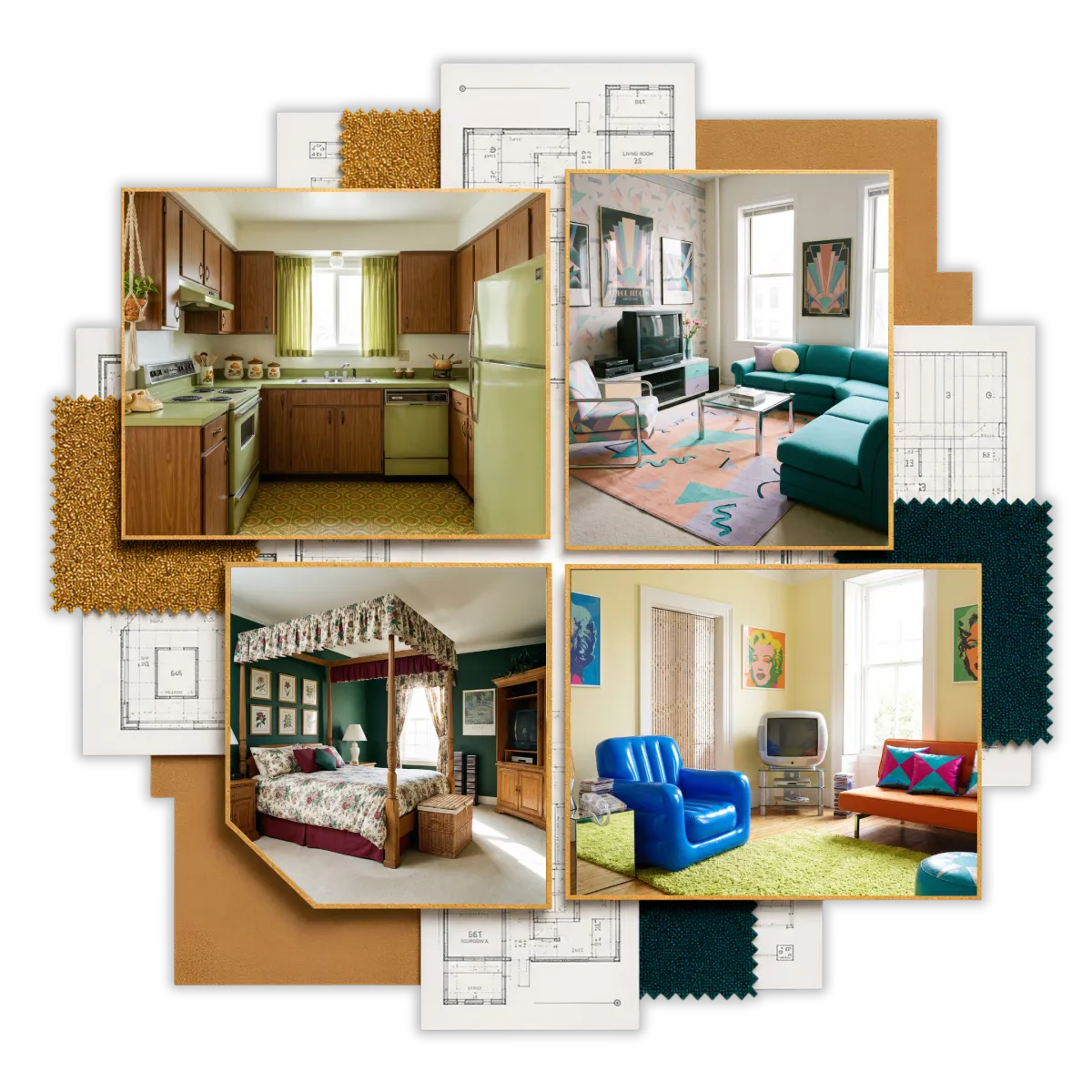 Editorial collage of 1970s, 1980s, 1990s, and Y2K home interiors