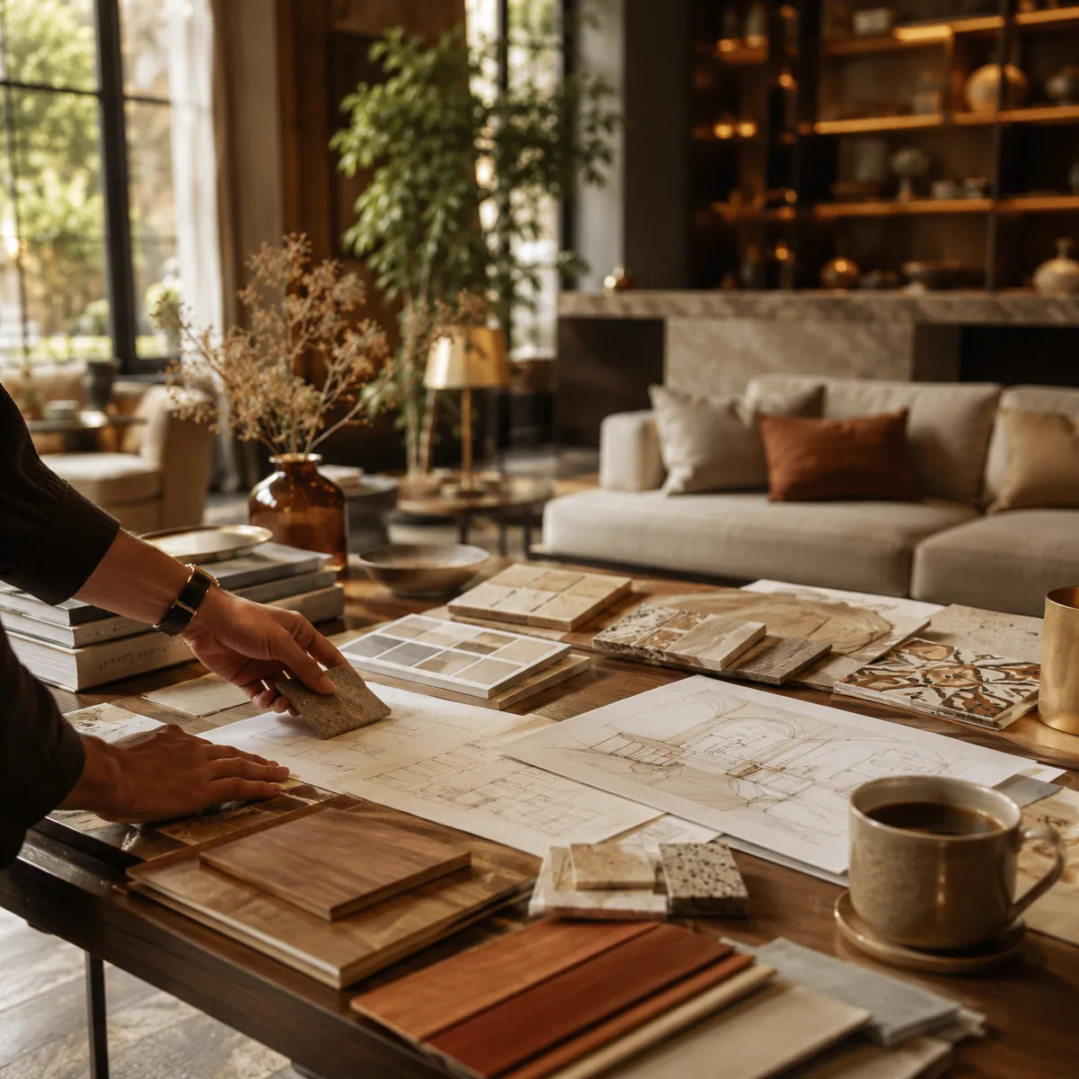 Interior designer arranging warm-toned material samples and architectural sketches on a table in a refined residential-style lounge.