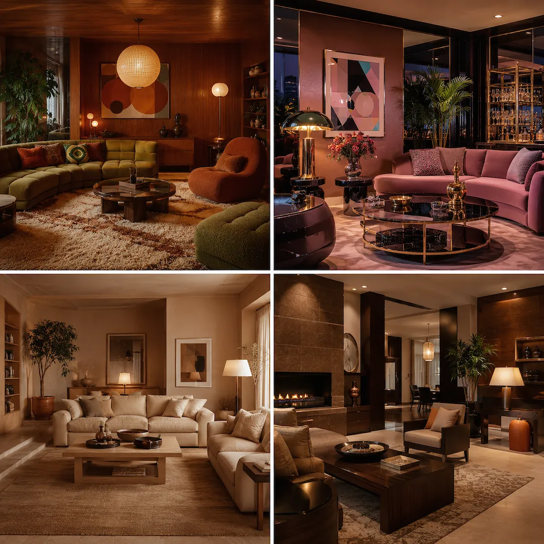 A 2x2 grid showing home interior design of the 70s, 80s, 90s, and Y2K decades.