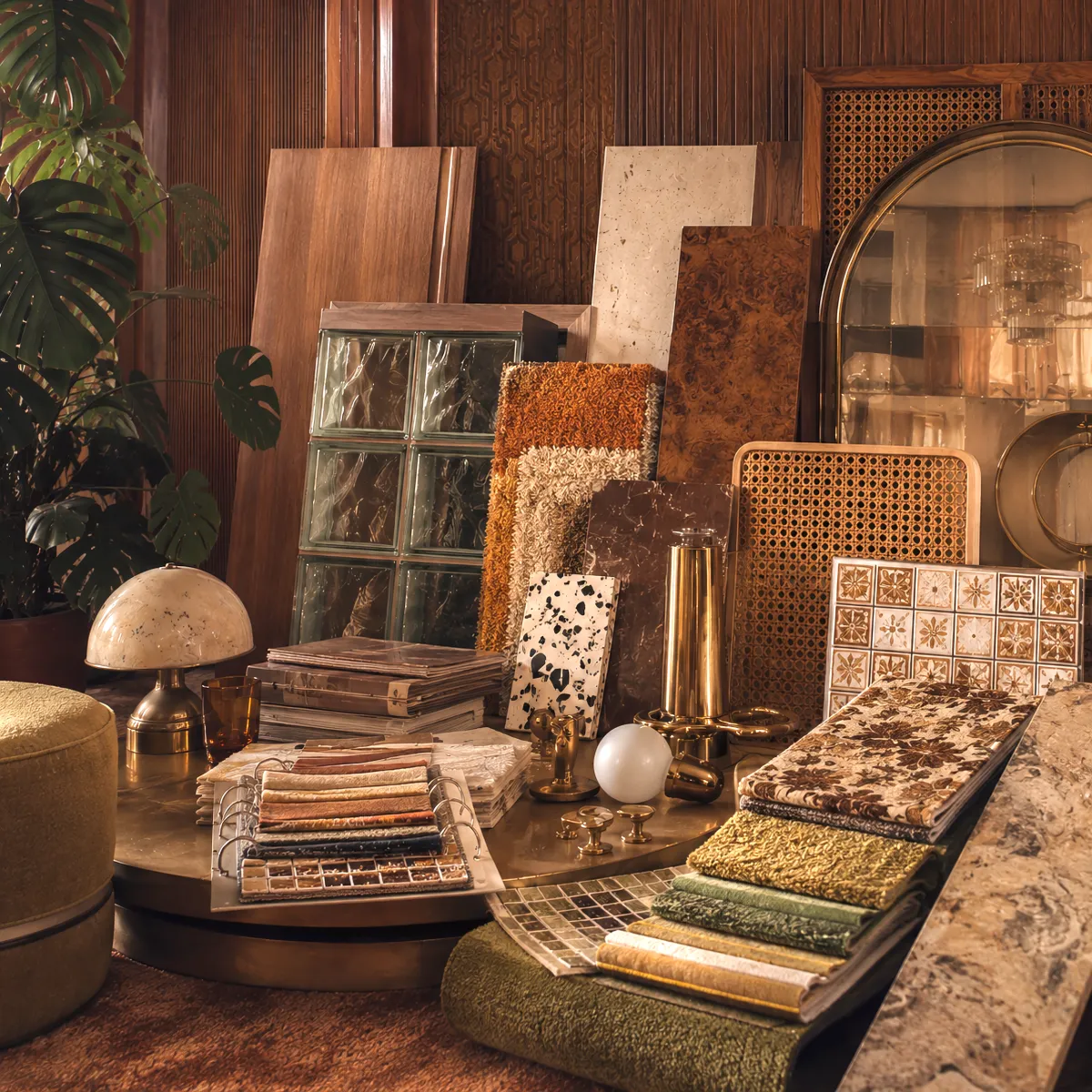 Vintage interior design material samples, including wood panels, patterned tiles, shag carpets, fabric swatches, glass blocks, cane webbing, and brass fixtures, arranged in a warm-toned showroom display.