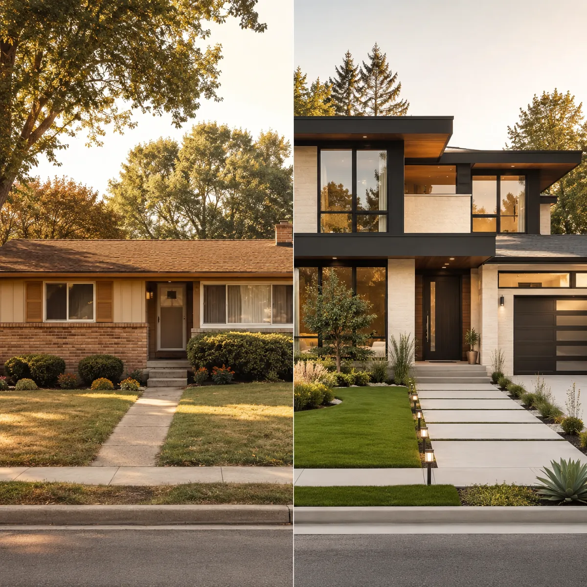 A split-view comparison of a modest 1970s suburban ranch home and a sleek modern 2020s house in warm golden light.