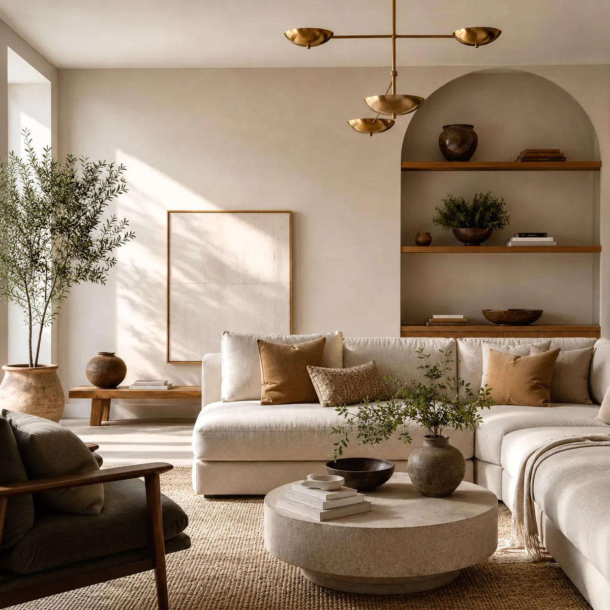 Sunlit neutral living room with a cream sectional, layered earth-tone cushions, round stone coffee table, greenery, abstract art, and built-in arched shelving.