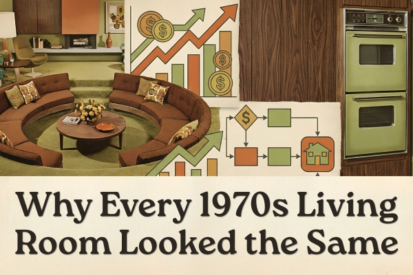 Avocado green, wood paneling, and a conversation pit built for togetherness — the surprising economics behind every 1970s living room's shared look.