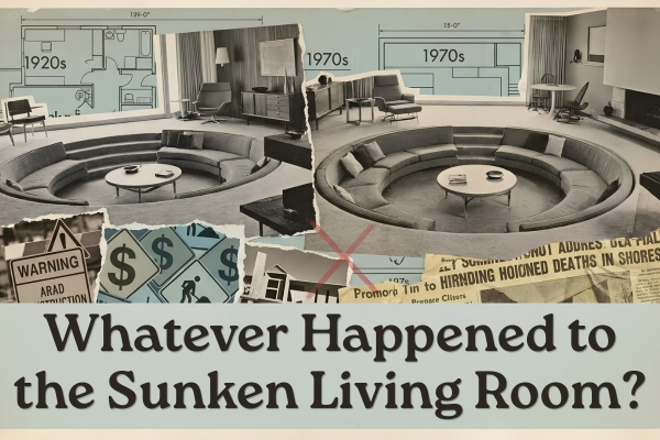 magazine-style collage of comparison of living room sunken room from 1927 and 1970s. 