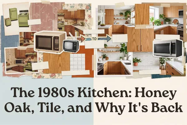Honey oak cabinets, white tile counters, a microwave the size of a TV. The story of the 1980s kitchen, and why its warmth is back in 2026.
