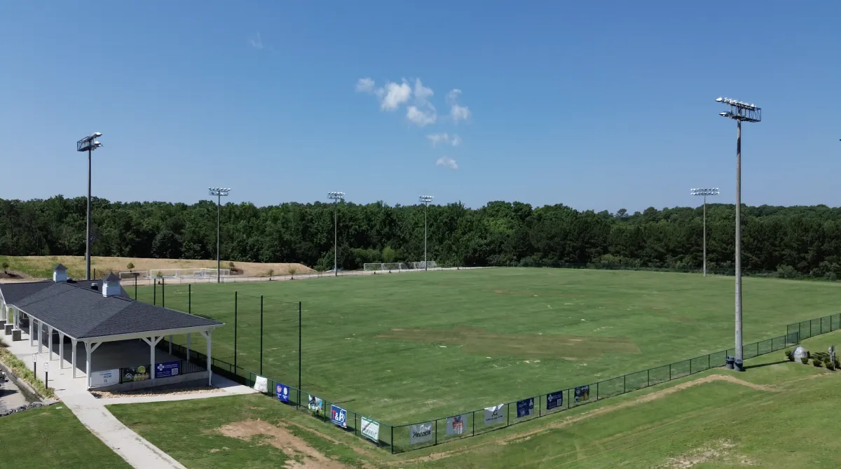 The Palisades Soccer Complex in Charlotte, NC with multiple recreational soccer fields, pavilion, and sports lighting for youth league and community play.
