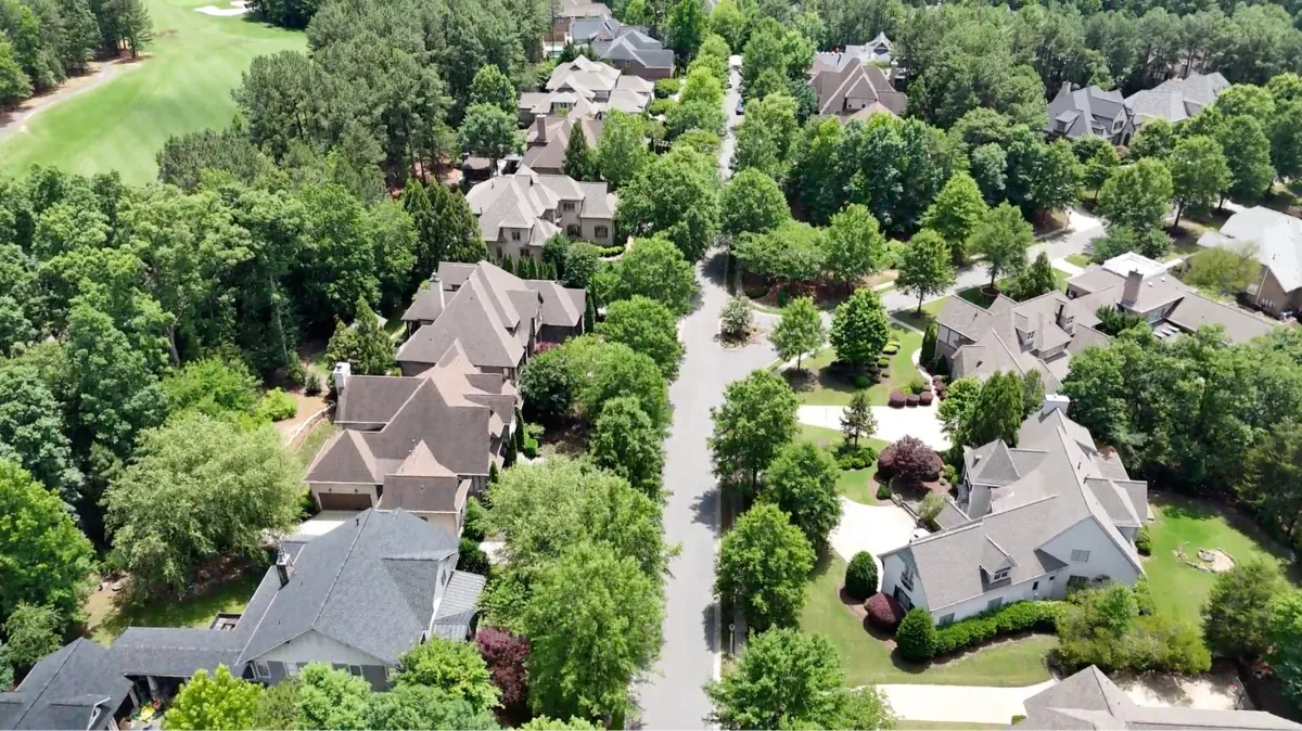 Aerial view of Ashton Oak, a gated neighborhood with custom luxury homes in The Palisades, Charlotte, North Carolina.