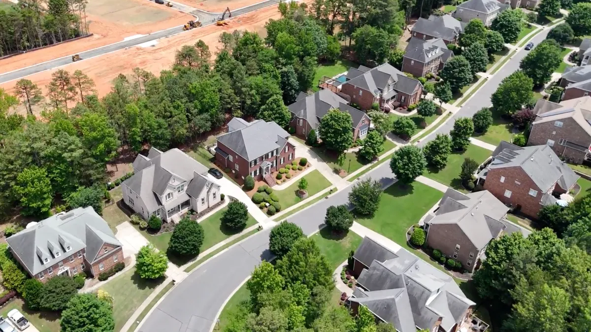 Aerial view of the Turtle Point neighborhood in The Palisades community, Charlotte, North Carolina.