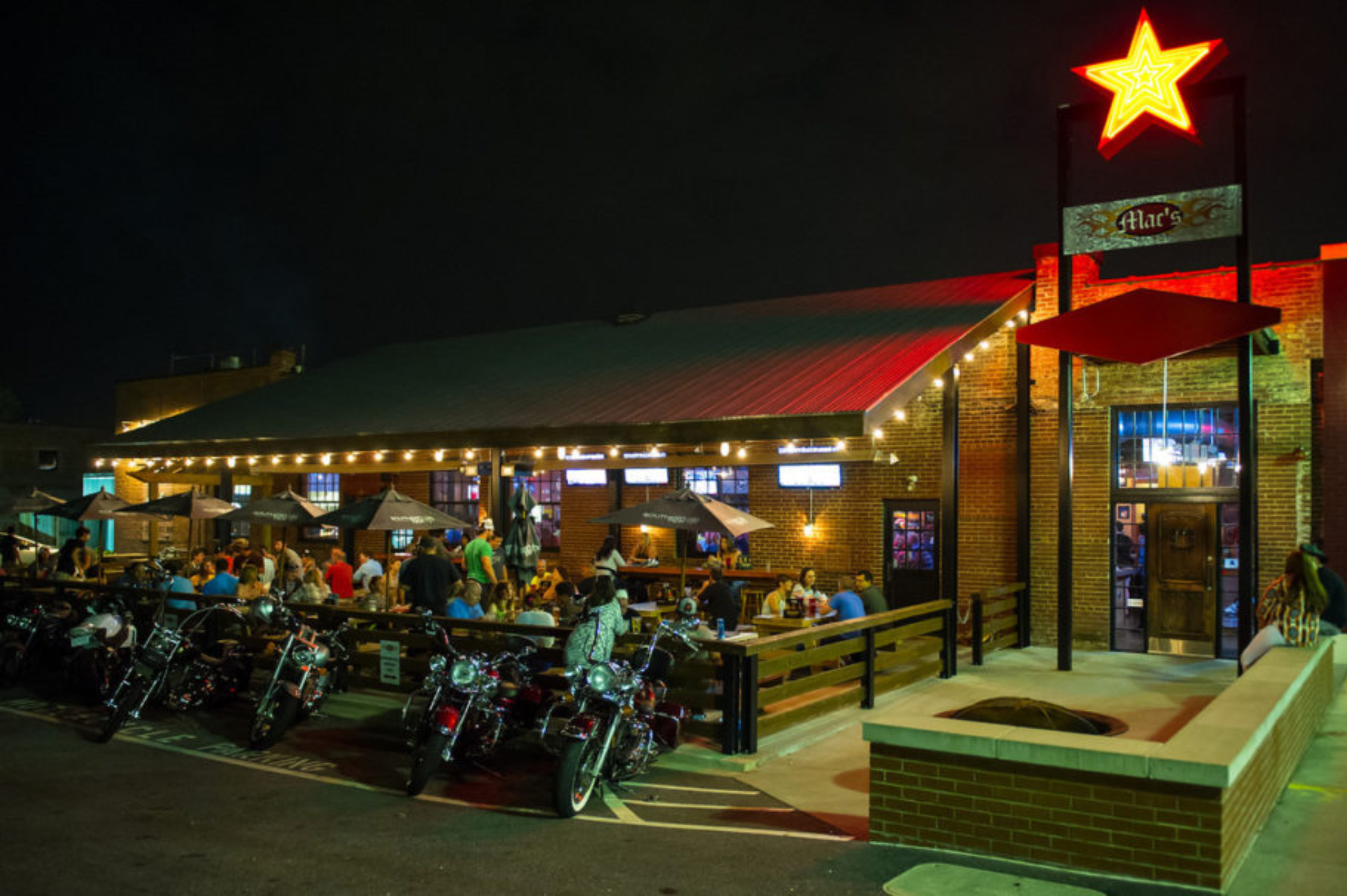 Mac's Speed Shop in Steele Creek, Charlotte, featuring a lively outdoor patio, barbecue restaurant, motorcycles, and a vibrant nightlife atmosphere.