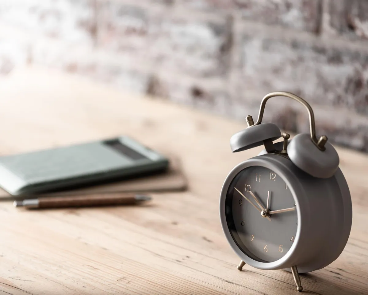Time clock brick wall wood desk