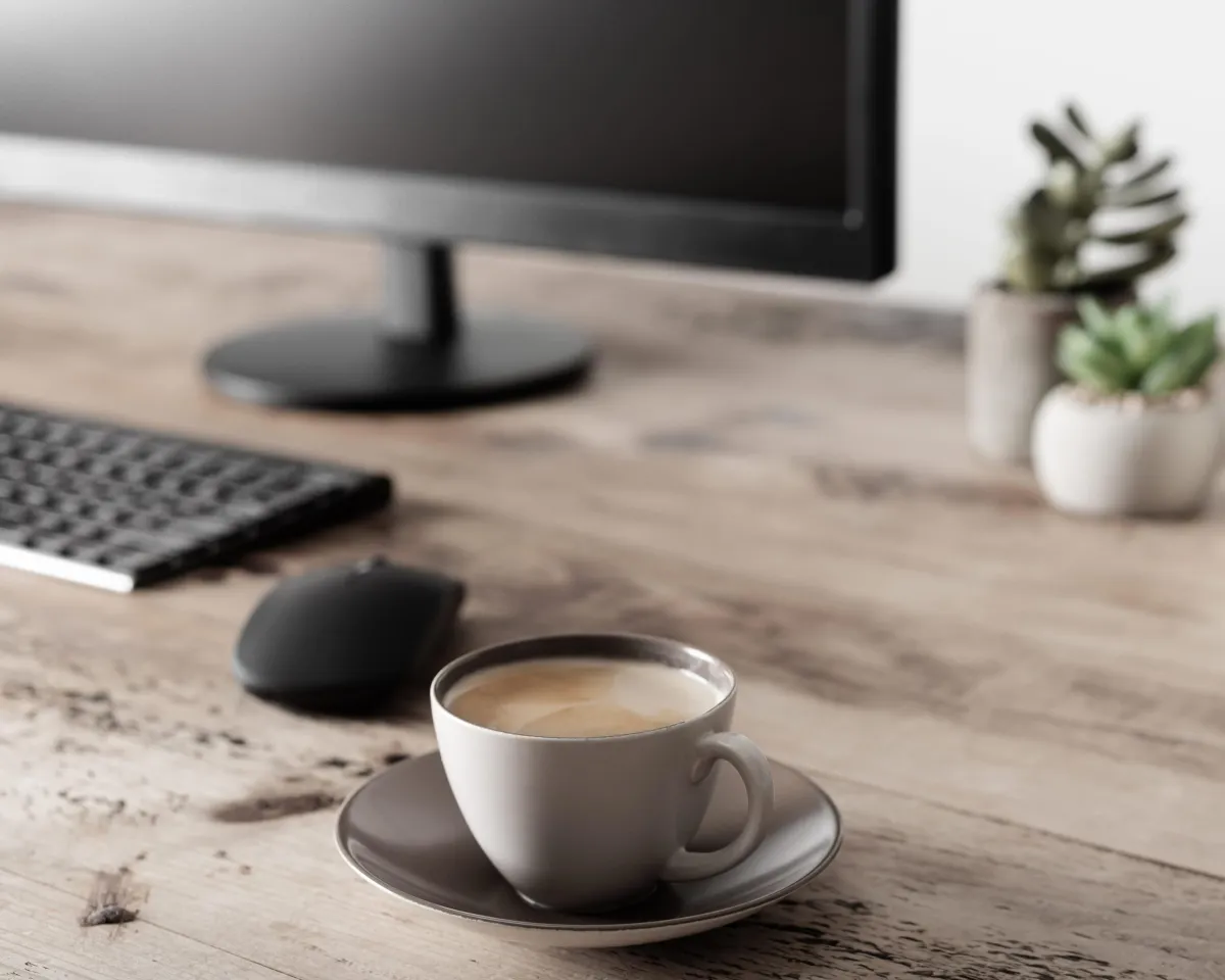 Tech Systems Wood Desk with Keyboard and Coffee Cup