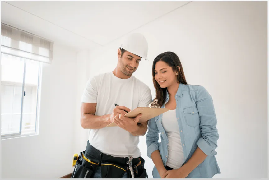 A confident home service business owner reviewing a digital guide on a tablet, surrounded by subtle icons representing content strategy, in a bright, modern workspace. The composition is 3:2, vibrant, and professional.