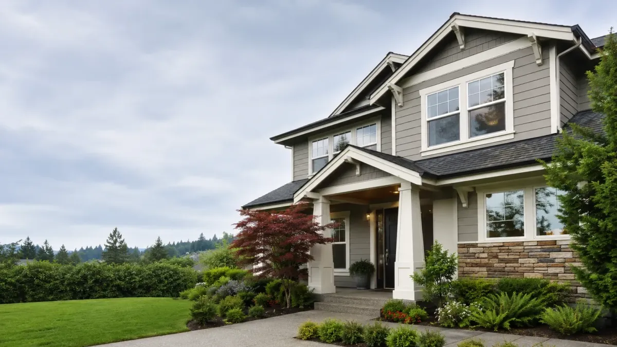 Single-story Redmond Washington home with modern exterior finishes, lush Northwest landscaping, and improved home insulation efficiency.