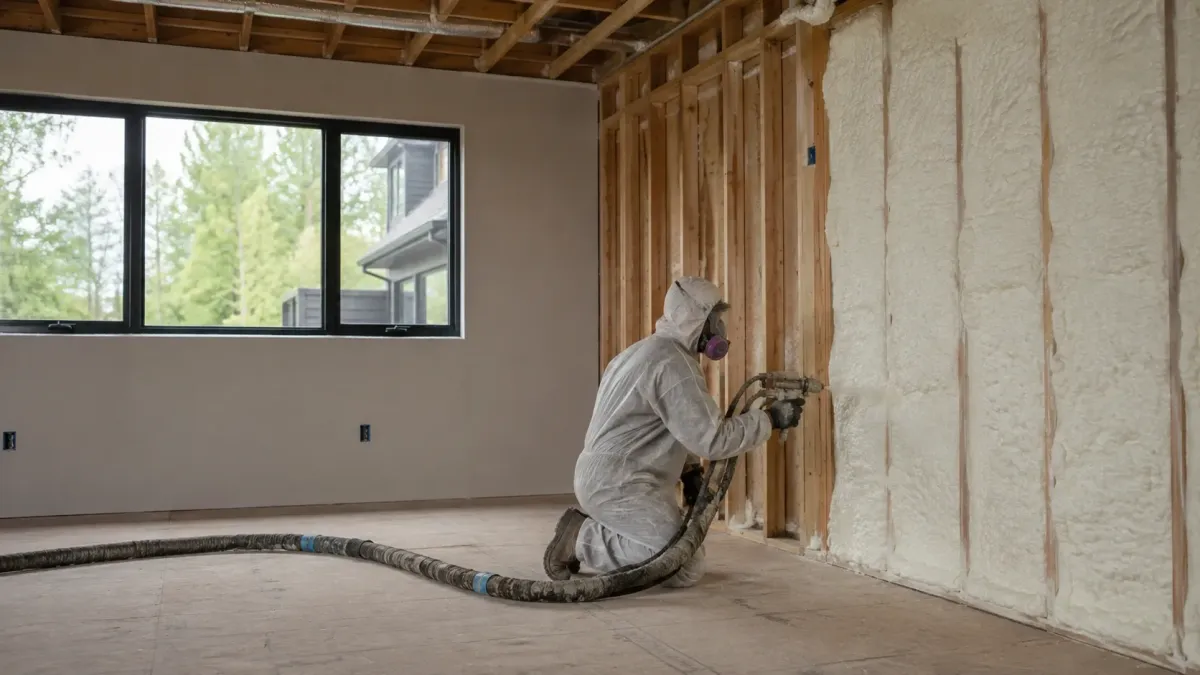 Professional spray foam insulation contractor actively insulating wall cavities in a Redmond, Washington property.