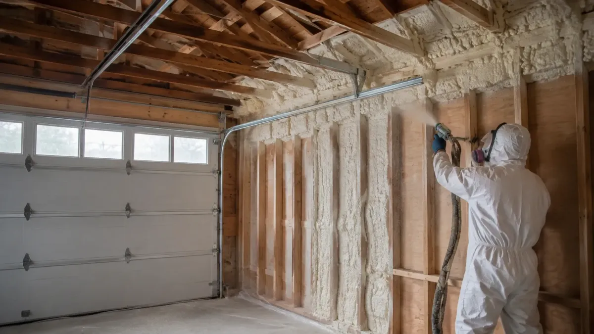 Contractor spraying foam insulation into garage wall and ceiling framing in a Redmond, WA home.
