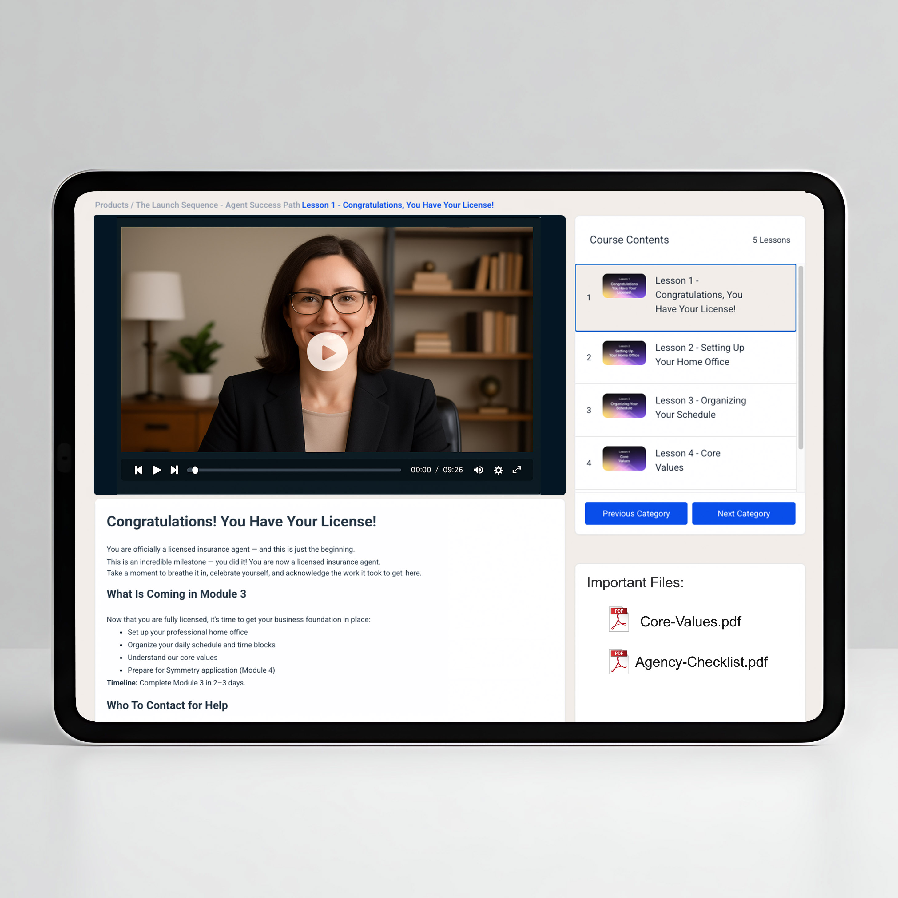 Insurance agency owner reviewing digital growth analytics on a tablet, surrounded by modern office elements and blue accents