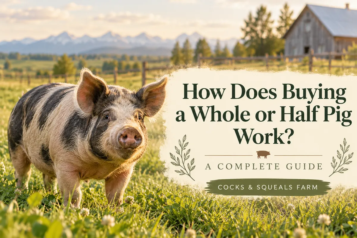 Heritage pig standing in a green pasture at Cocks & Squeals Farm, Alberta, with the title “How Does Buying a Whole or Half Pig Work? A Complete Guide.”