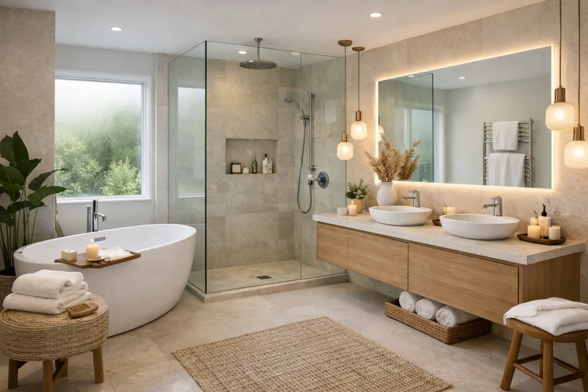 Bright, modern bathroom renovation with aqua accents and clean lines