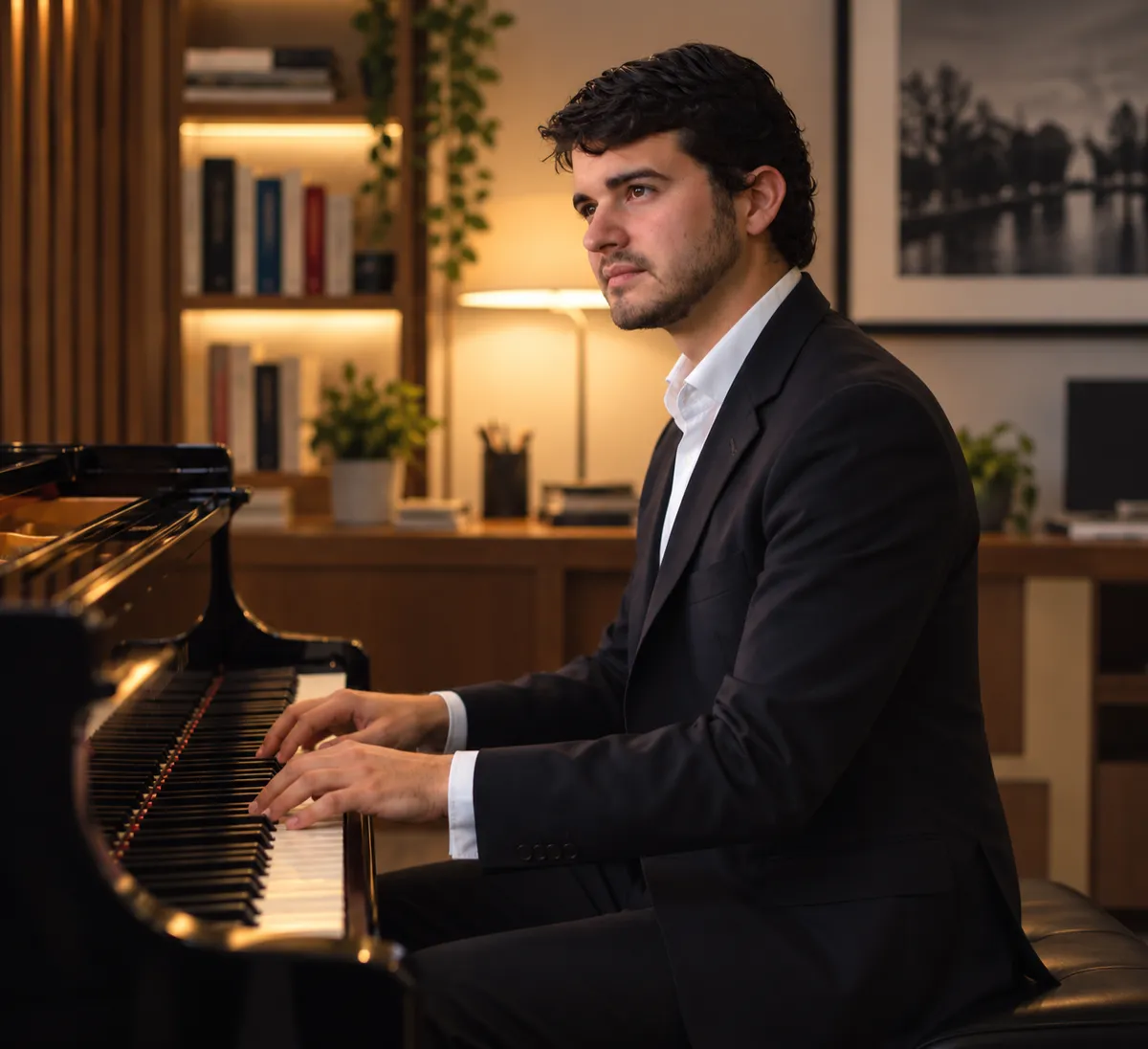 Retrato profesional de Juan Marcos Cano en el piano, fundador de la Metodología BDP