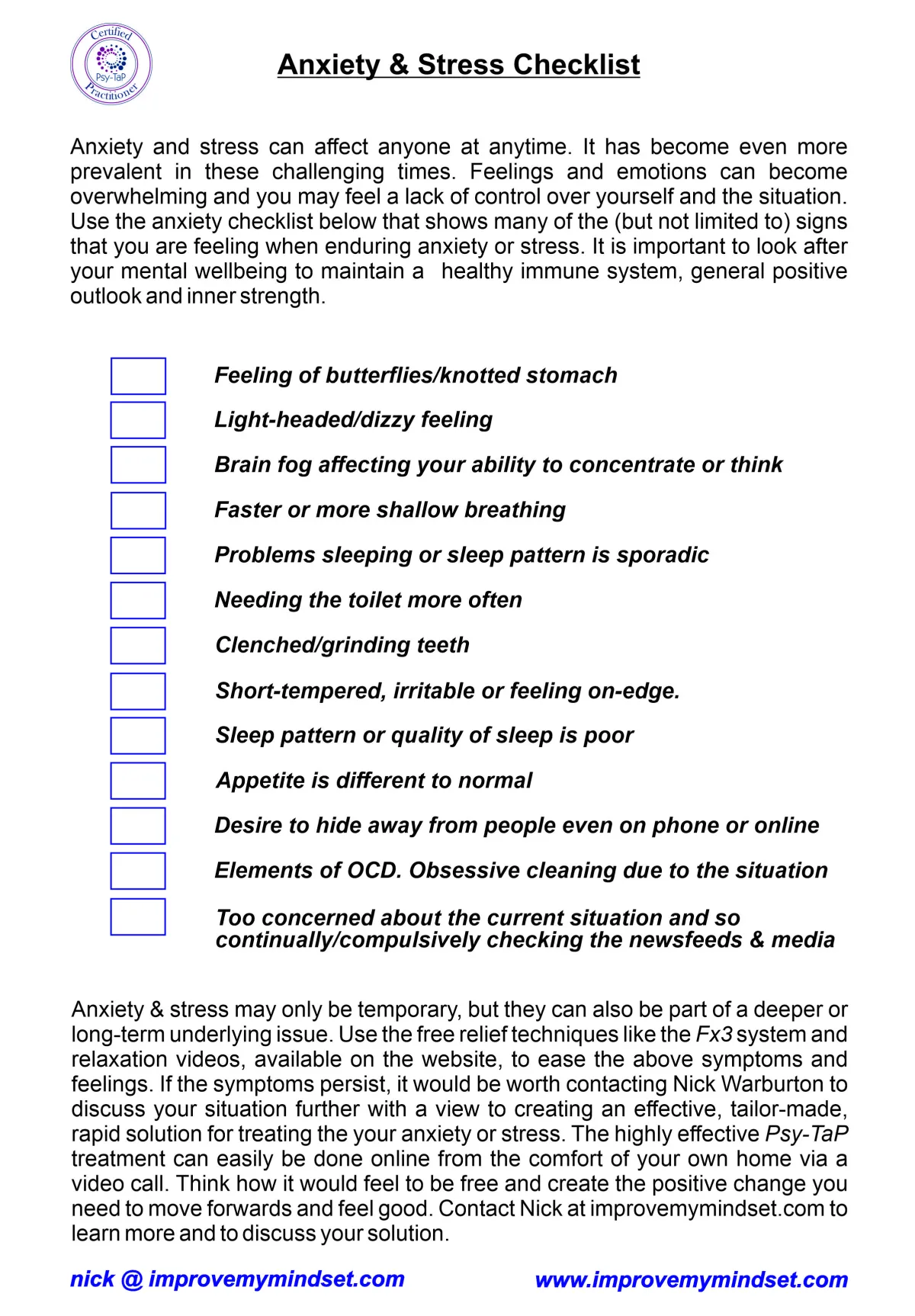 what is anxiety? Anxiety checklist