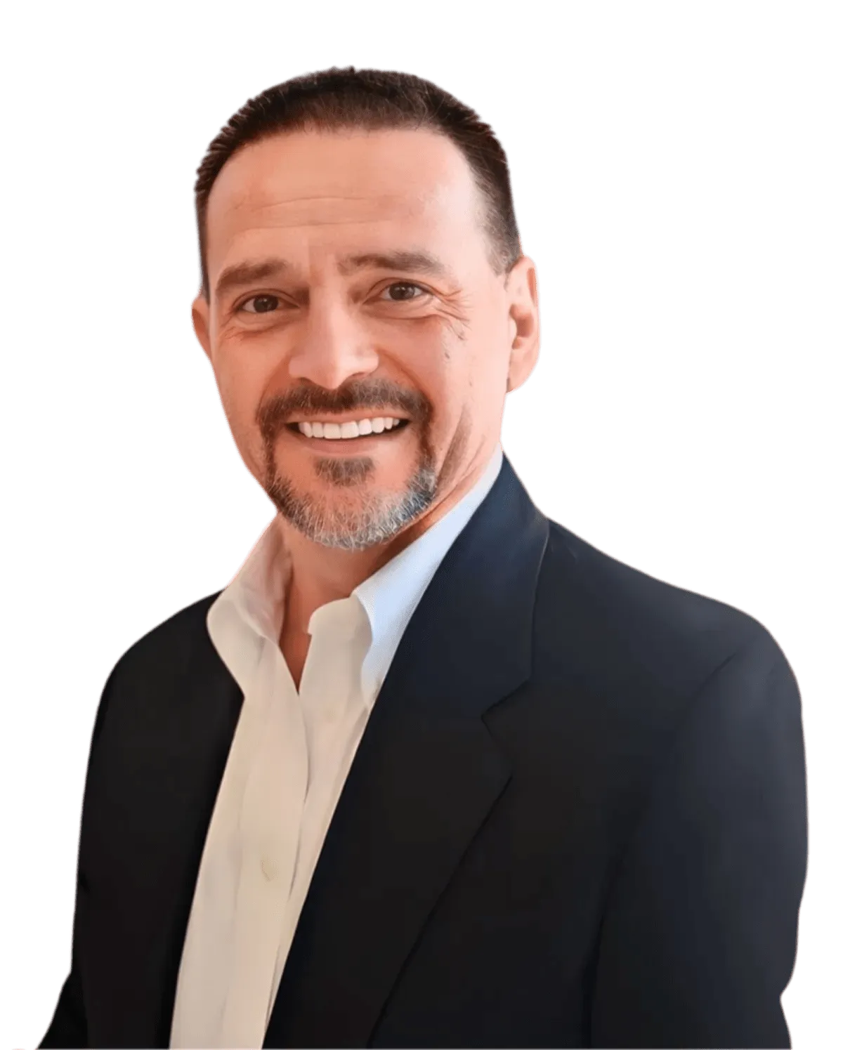 A man in a dark suit and white shirt poses against a White background,