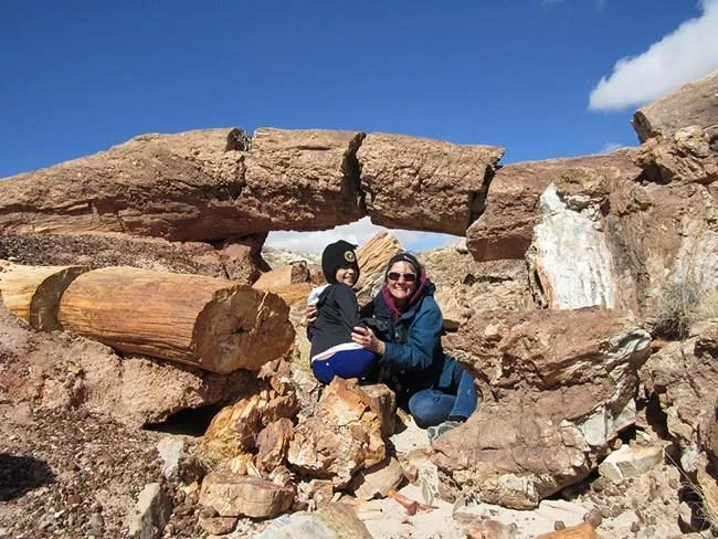 Woman and kid at Petrified Forest in AZ