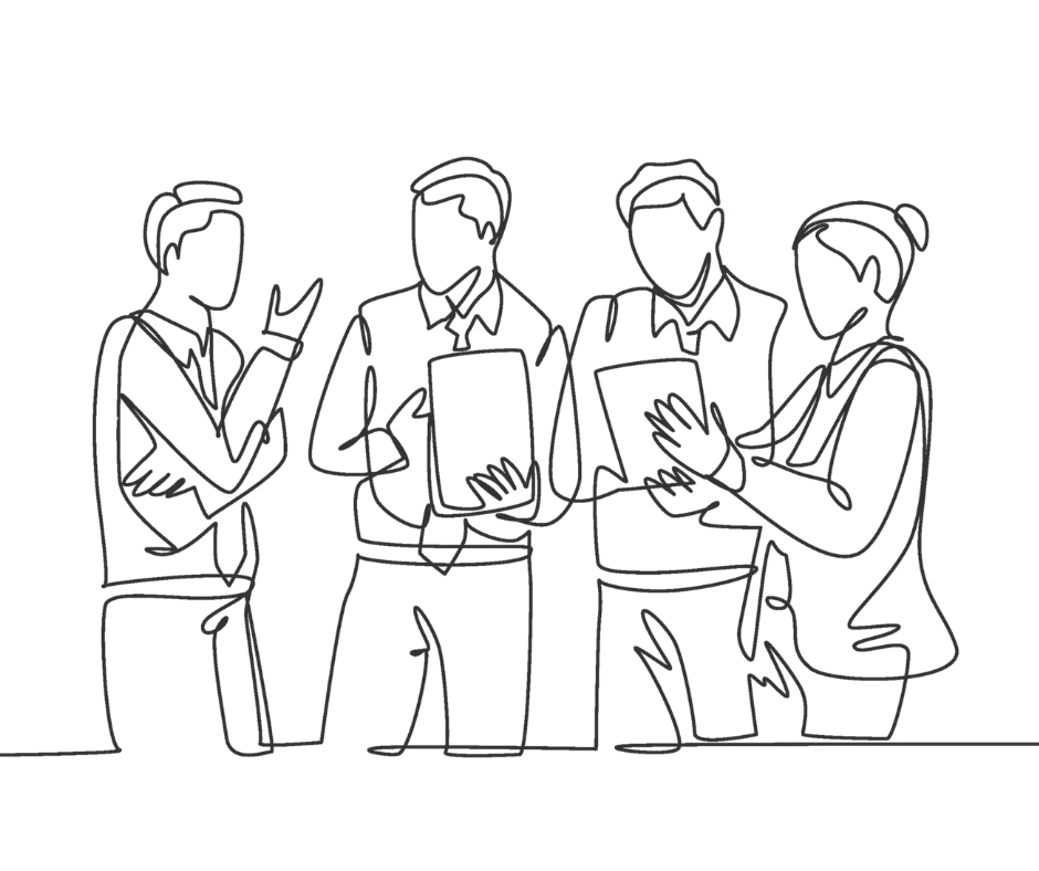 Line drawing of four people working