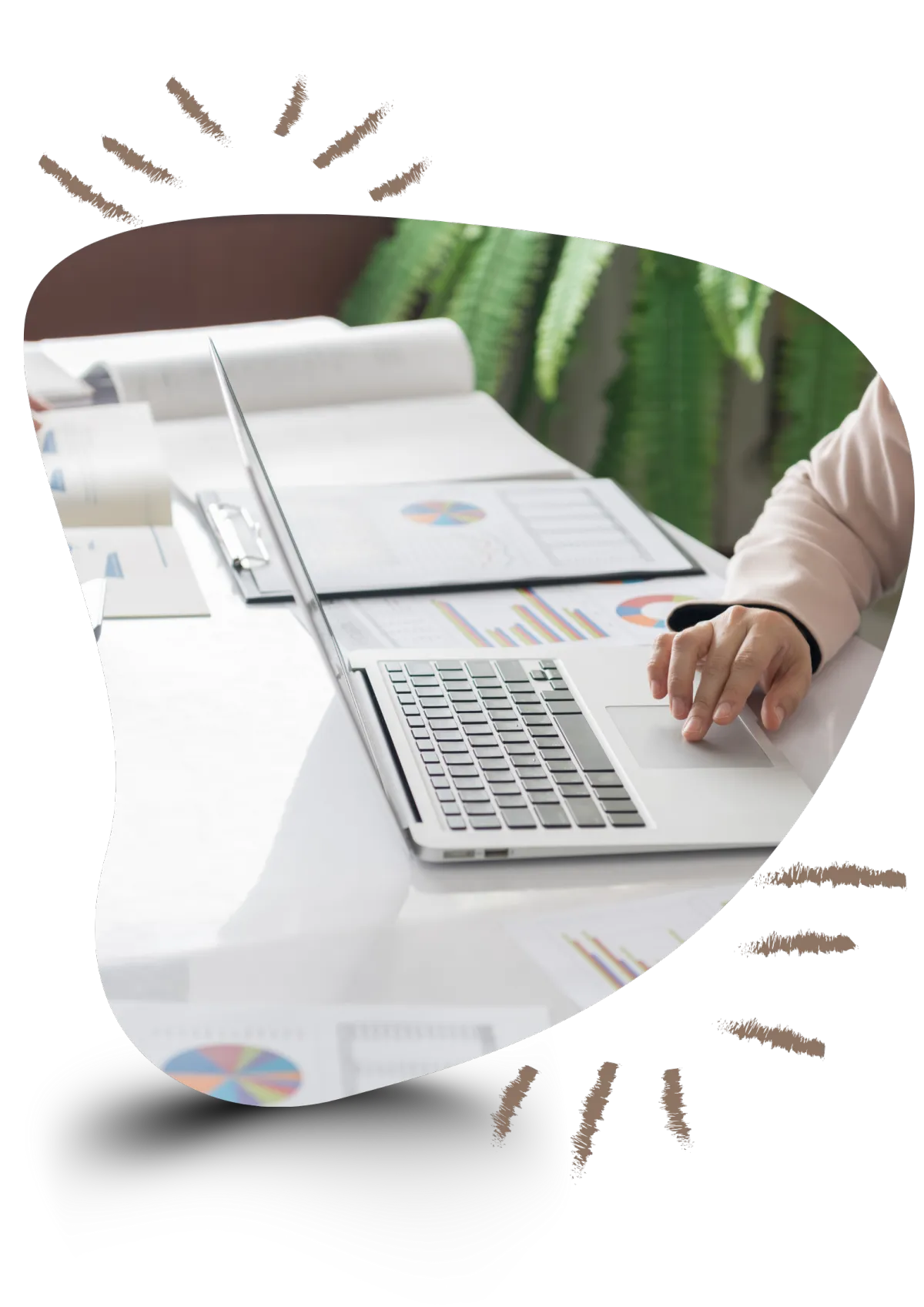 Someone on a laptop with sheets with pie charts nearby