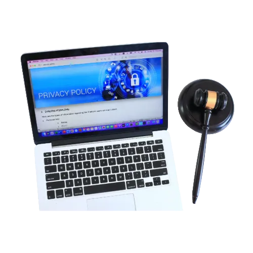 Image of laptop with privacy policy showing with judge gavel