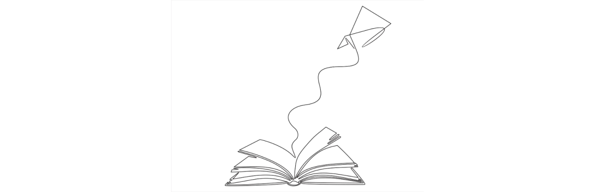 Illustration of an open book with a paper aeroplane taking flight.