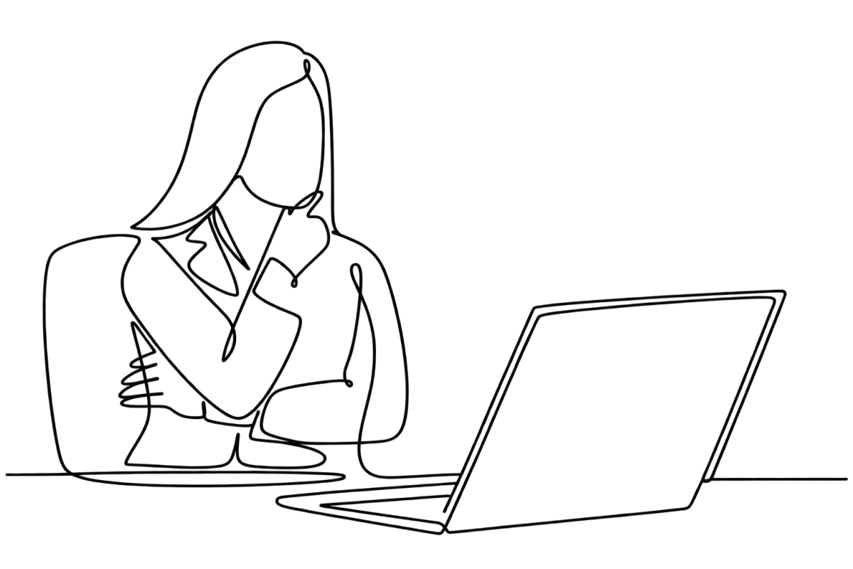 continuous line drawing of a person on a laptop