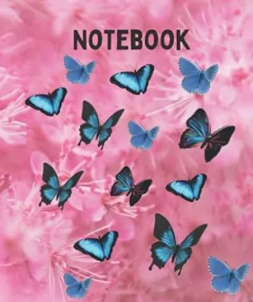 Notebook: Blue butterflies on pink flower background blank lined notebook