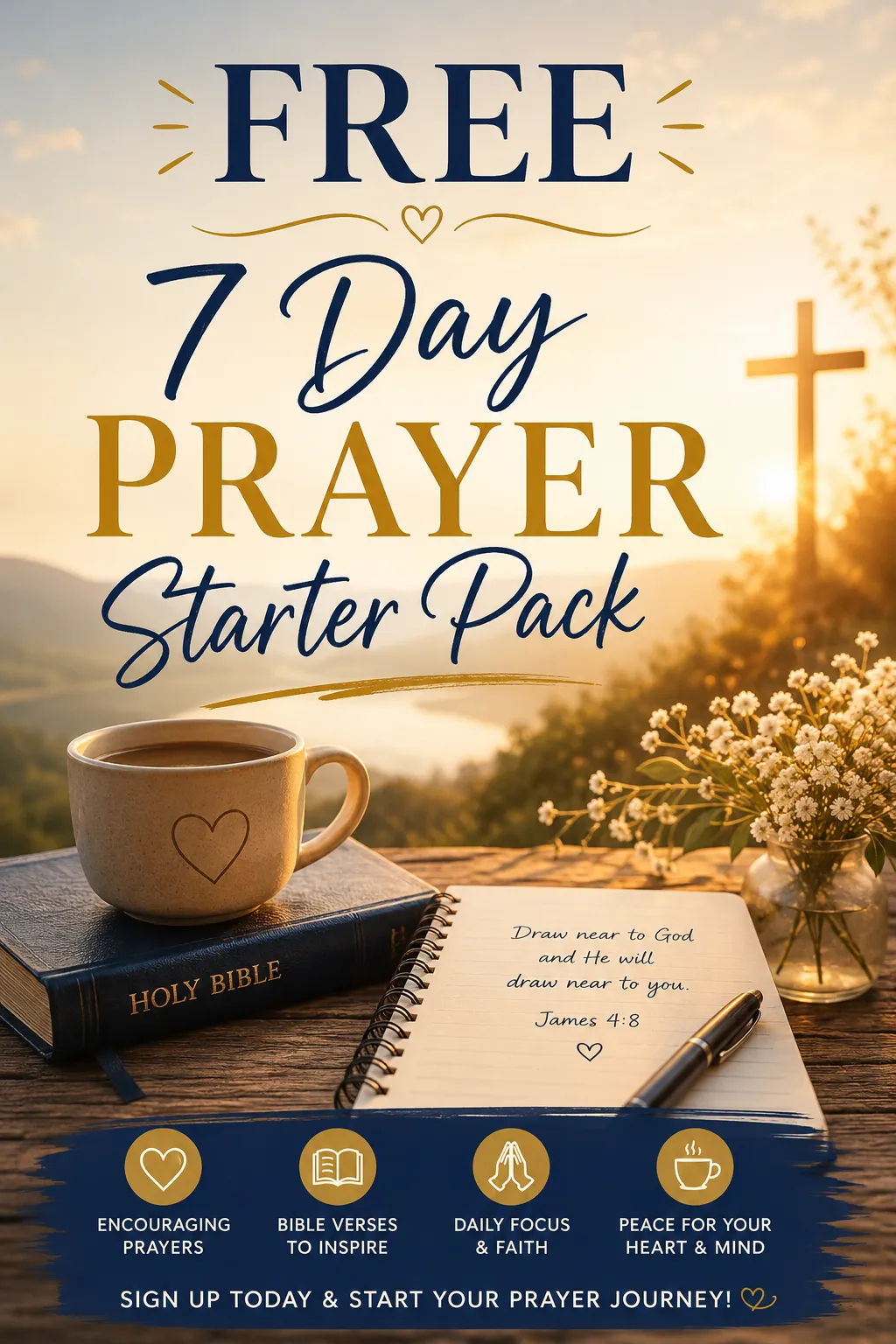 Free 7 Day Prayer Starter Pack featuring a Bible, prayer journal, coffee cup and cross at sunrise, designed to help you grow closer to God through daily prayer.