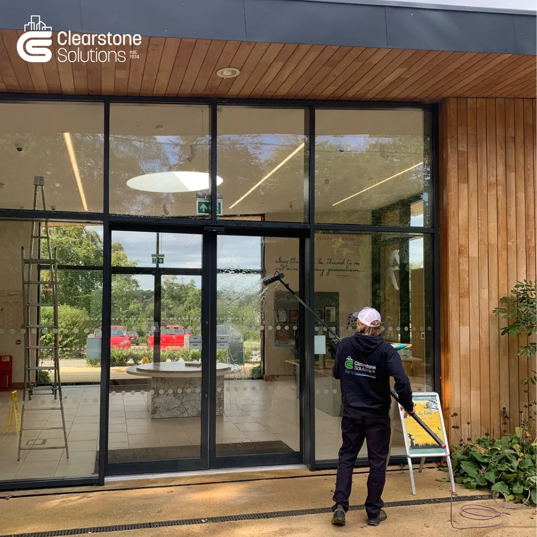 Commercial window cleaning at Upton House in Poole, Dorset by Clearstone Solutions Ld based in Shaftesbury since 1974. Serving Dorset, Somerset, Wiltshire and Hampshire.