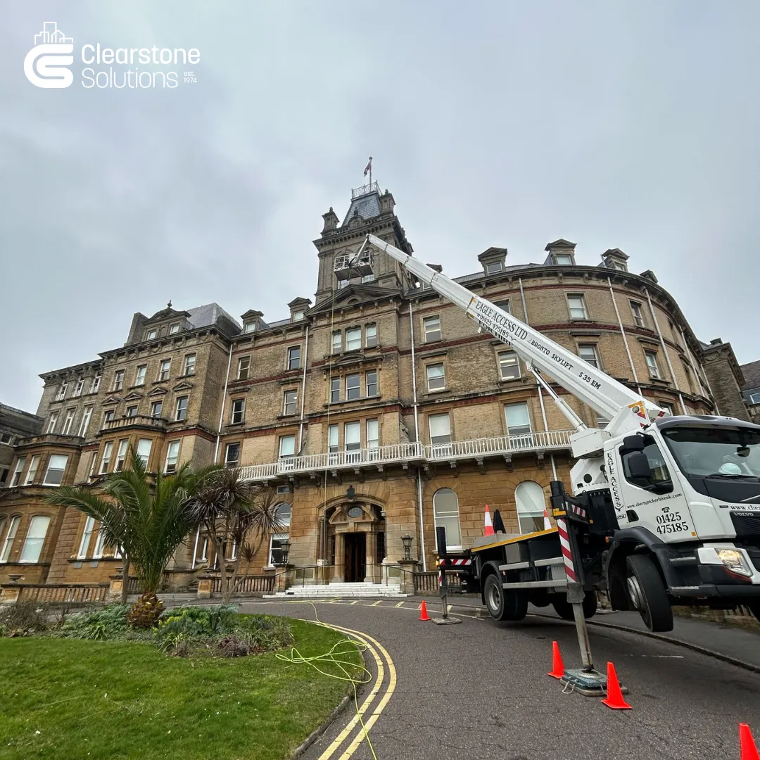 Commercial window cleaning at the Bournemouth Town Hall  in Bournemouth, Dorset by Clearstone Solutions Ld based in Shaftesbury since 1974. Serving Dorset, Somerset, Wiltshire and Hampshire.