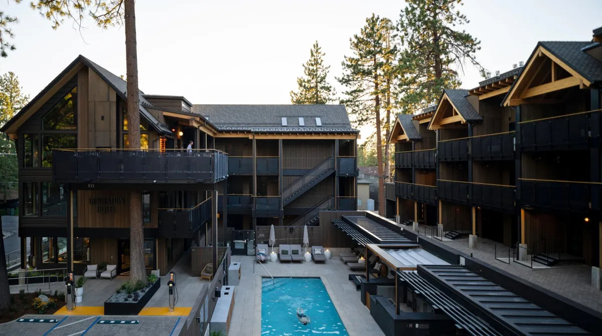 architectural photography of Desolation Hotel in Lake Tahoe - exterior and pool amenities