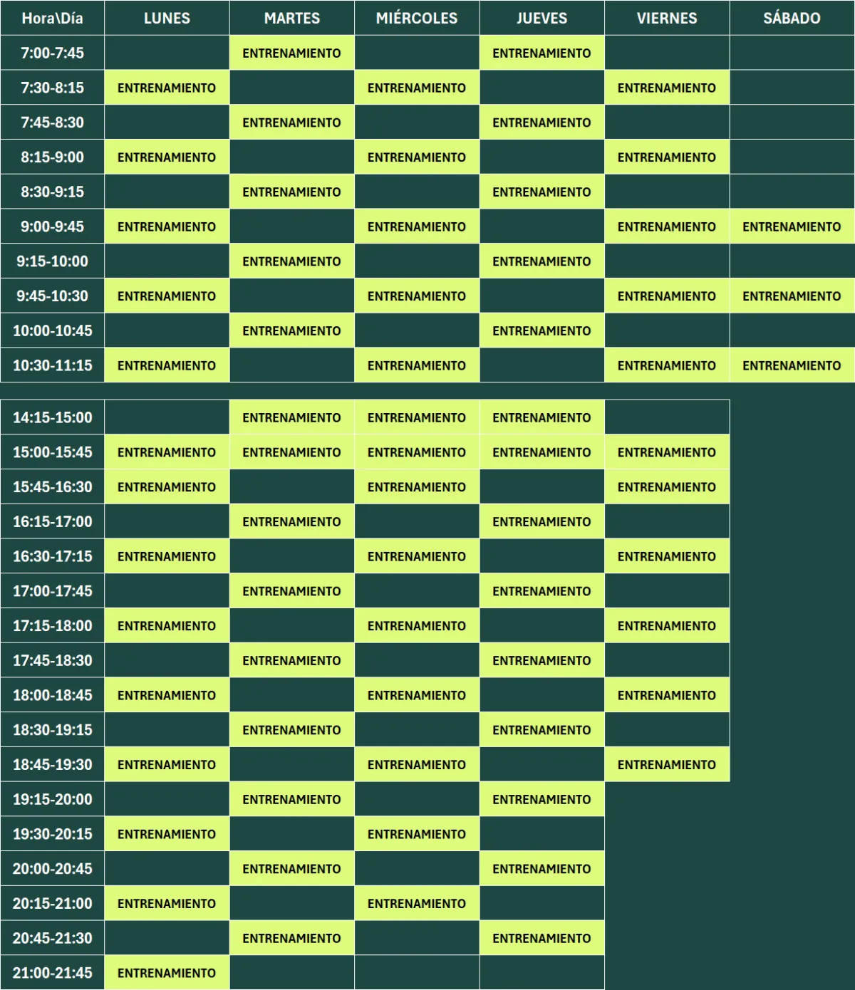 tabla con horario de clases del centro