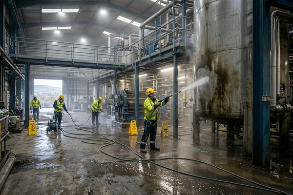 Factory shutdown cleaning inside an Anglesey industrial facility