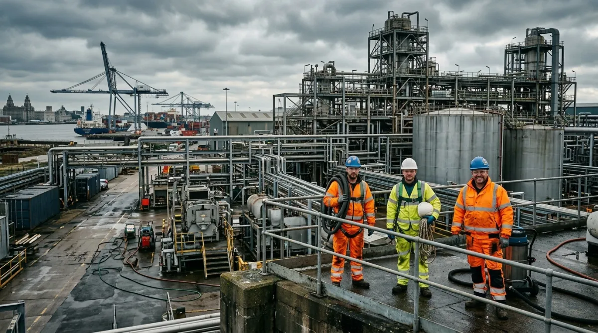 Industrial cleaning specialists at a large industrial facility in Liverpool