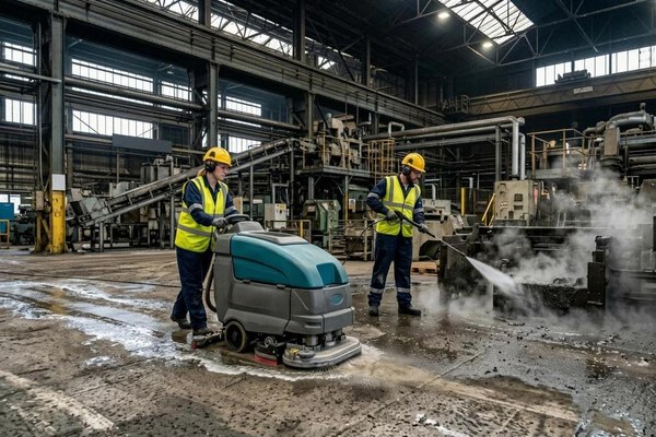 Industrial factory cleaning operatives cleaning production areas inside a commercial facility in Liverpool