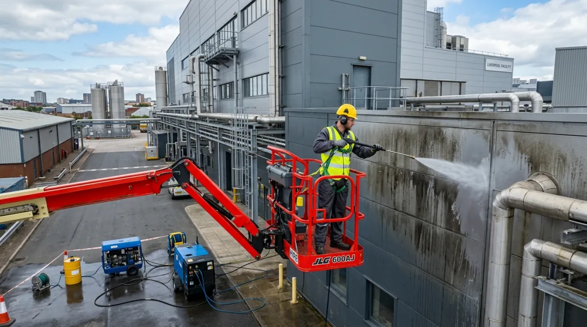 High-level industrial cleaning using MEWP access equipment on a commercial building in Liverpool