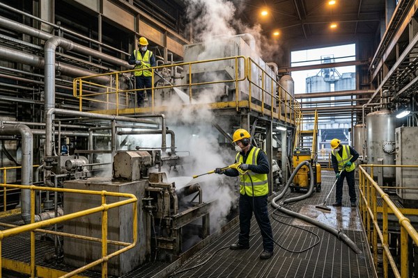 Industrial shutdown cleaning team carrying out deep cleaning inside a Liverpool factory facility
