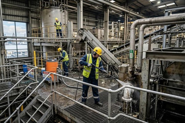 Industrial plant and machinery cleaning being carried out inside a Liverpool manufacturing facility