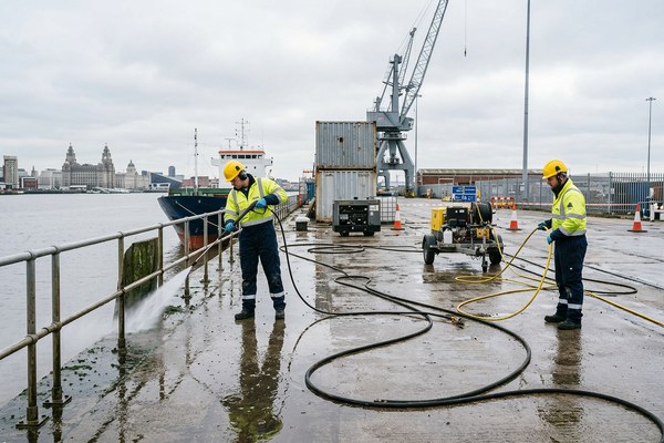 Marine and dockside industrial cleaning being carried out at a commercial port facility in Liverpool