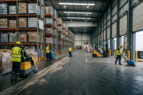 Warehouse and distribution centre cleaning inside a commercial logistics facility in Liverpool
