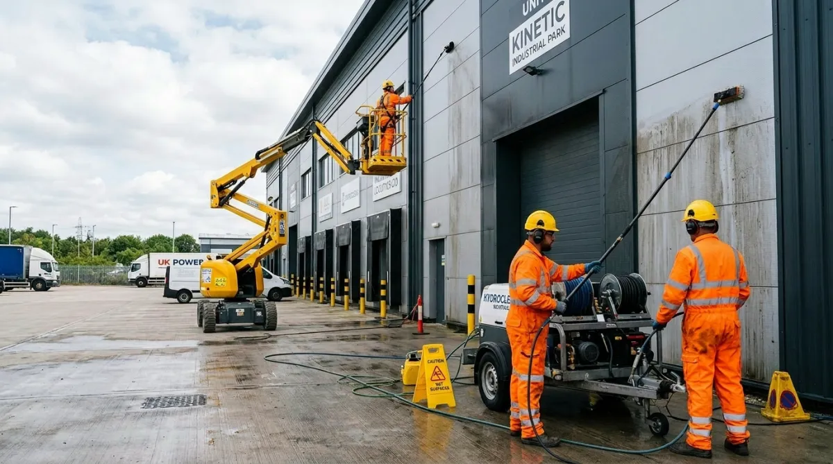 Commercial exterior cleaning specialists cleaning industrial cladding and building facades at a modern commercial facility using professional access equipment and pressure washing systems.